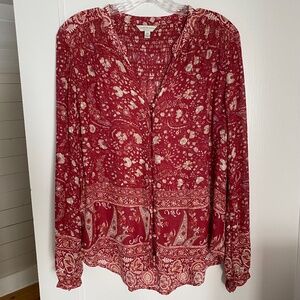 Lucky Brand boho red floral paisley button down blouse - Size S